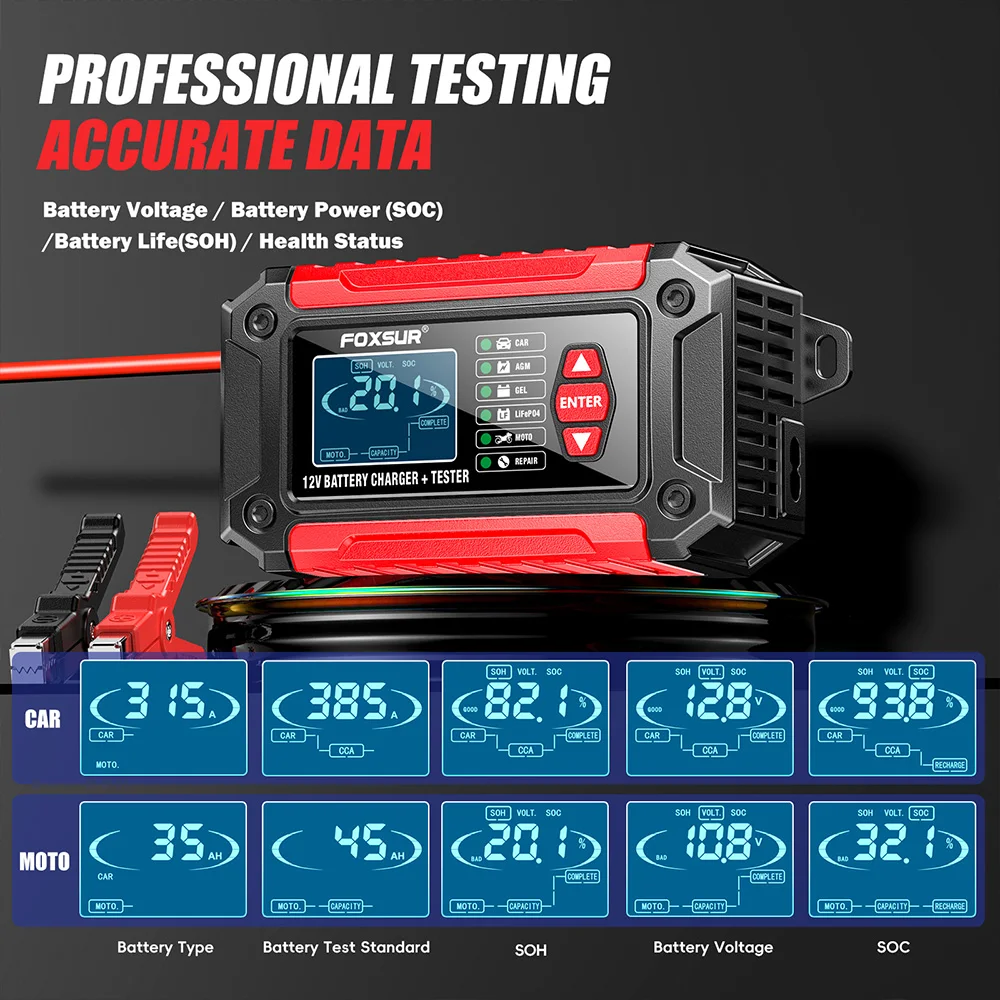 New 2in1 Smart Car Battery Charger System Tester Car Motorcycle Battery Analyzer For Lead Acid AGM GEL Lithium LiFePo4 Batteries