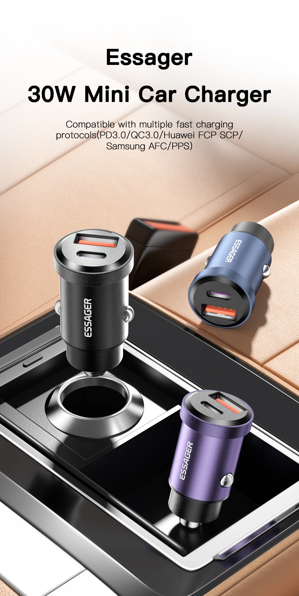 Essager 30W 5A QC PD 3.0 SCP USB Car Charger Quick Charge4.0 USB Type C Car Fast Charging For iPhone 12 13 Huawei Samsung Xiaomi