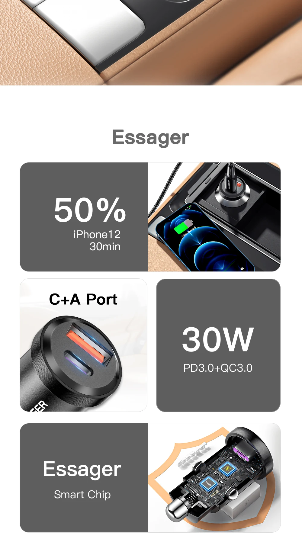 Essager 30W 5A QC PD 3.0 SCP USB Car Charger Quick Charge4.0 USB Type C Car Fast Charging For iPhone 12 13 Huawei Samsung Xiaomi