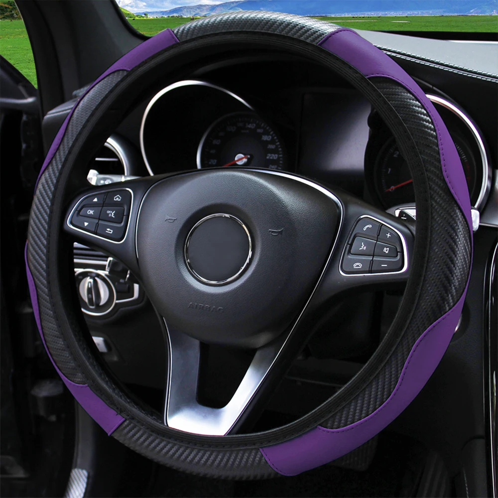 PU Carbon Fiber Leather Car Steering Wheel Cover without Inner Ring Suitable for 14.5-15 Inches of Automotive Supplies