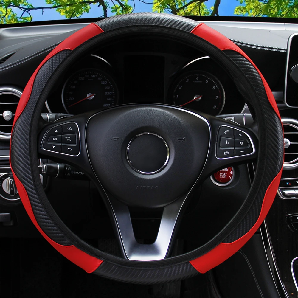 PU Carbon Fiber Leather Car Steering Wheel Cover without Inner Ring Suitable for 14.5-15 Inches of Automotive Supplies