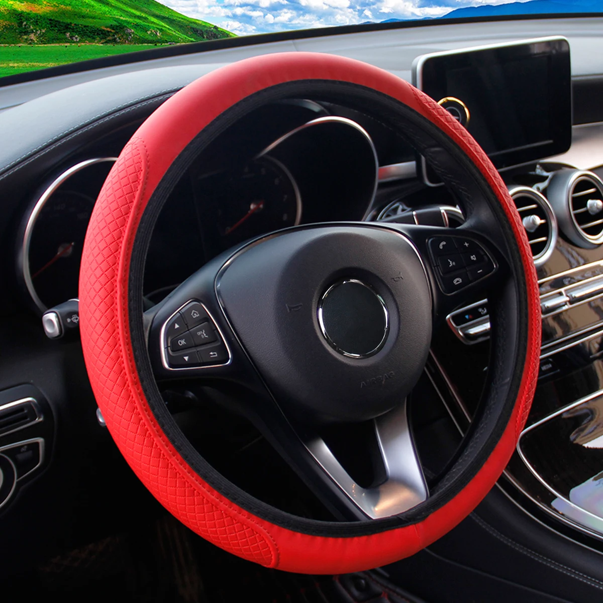 PU Leather Embossed Three-dimensional Car without Inner Ring Steering Wheel Cover for 14.5-15 Inches of Automotive Supplies