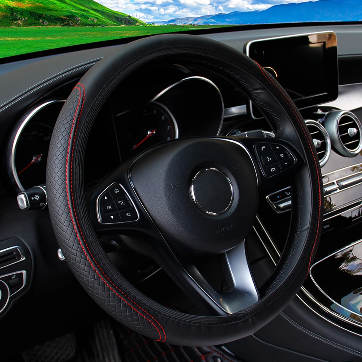 PU Leather Embossed Three-dimensional Car without Inner Ring Steering Wheel Cover for 14.5-15 Inches of Automotive Supplies