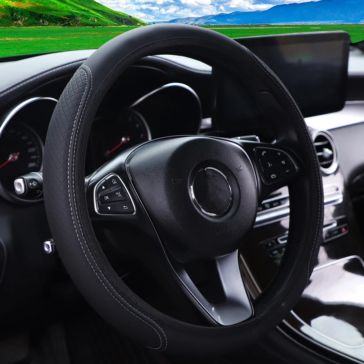 PU Leather Embossed Three-dimensional Car without Inner Ring Steering Wheel Cover for 14.5-15 Inches of Automotive Supplies