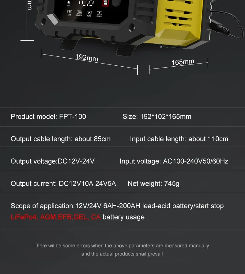 Portable 20A/10A/5A Car Battery Charger 12V 24V Automatic Motorcycle Truck AGM LiFePO4 Lead Acid Start Stop Battery with Repair