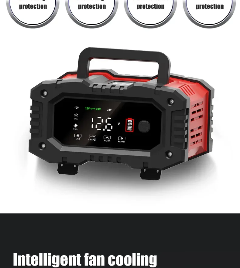 Portable 20A/10A/5A Car Battery Charger 12V 24V Automatic Motorcycle Truck AGM LiFePO4 Lead Acid Start Stop Battery with Repair
