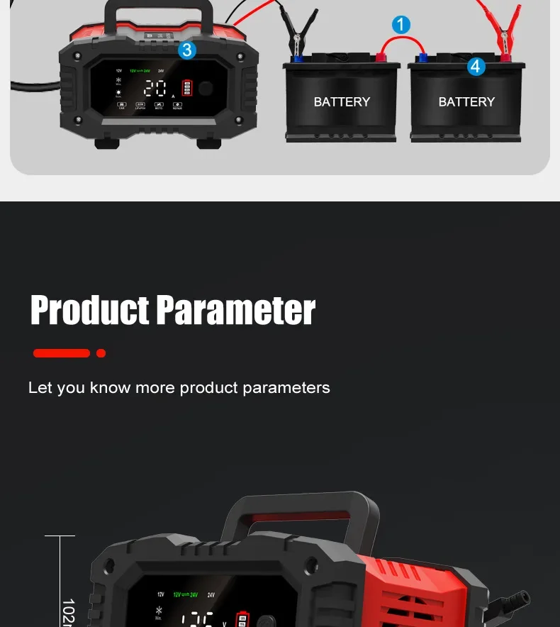 Portable 20A/10A/5A Car Battery Charger 12V 24V Automatic Motorcycle Truck AGM LiFePO4 Lead Acid Start Stop Battery with Repair