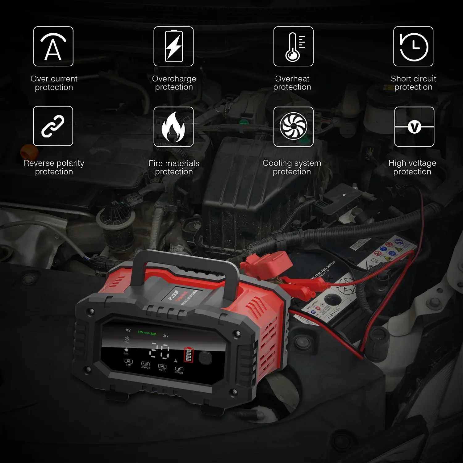Portable 20A/10A/5A Car Battery Charger 12V 24V Automatic Motorcycle Truck AGM LiFePO4 Lead Acid Start Stop Battery with Repair