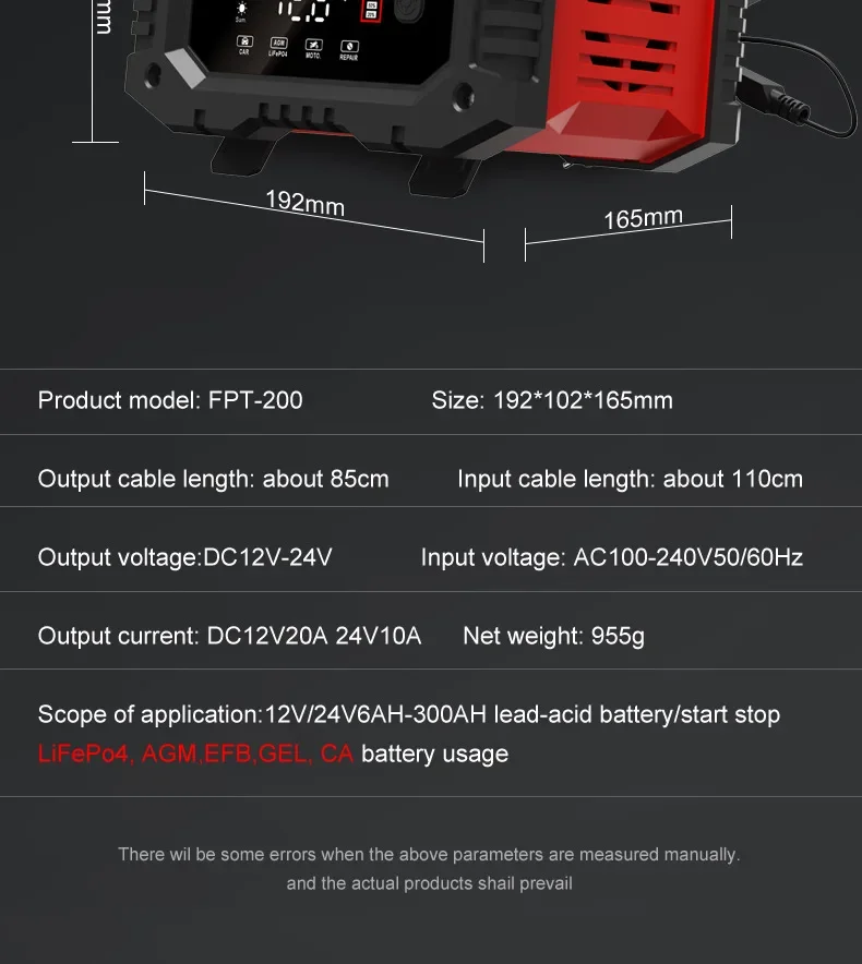 Portable 20A/10A/5A Car Battery Charger 12V 24V Automatic Motorcycle Truck AGM LiFePO4 Lead Acid Start Stop Battery with Repair