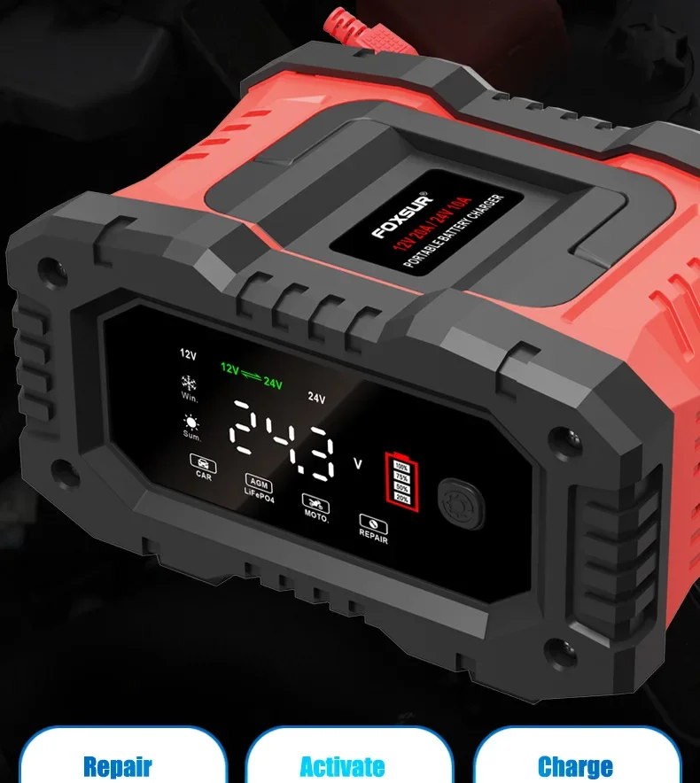 Portable 20A/10A/5A Car Battery Charger 12V 24V Automatic Motorcycle Truck AGM LiFePO4 Lead Acid Start Stop Battery with Repair