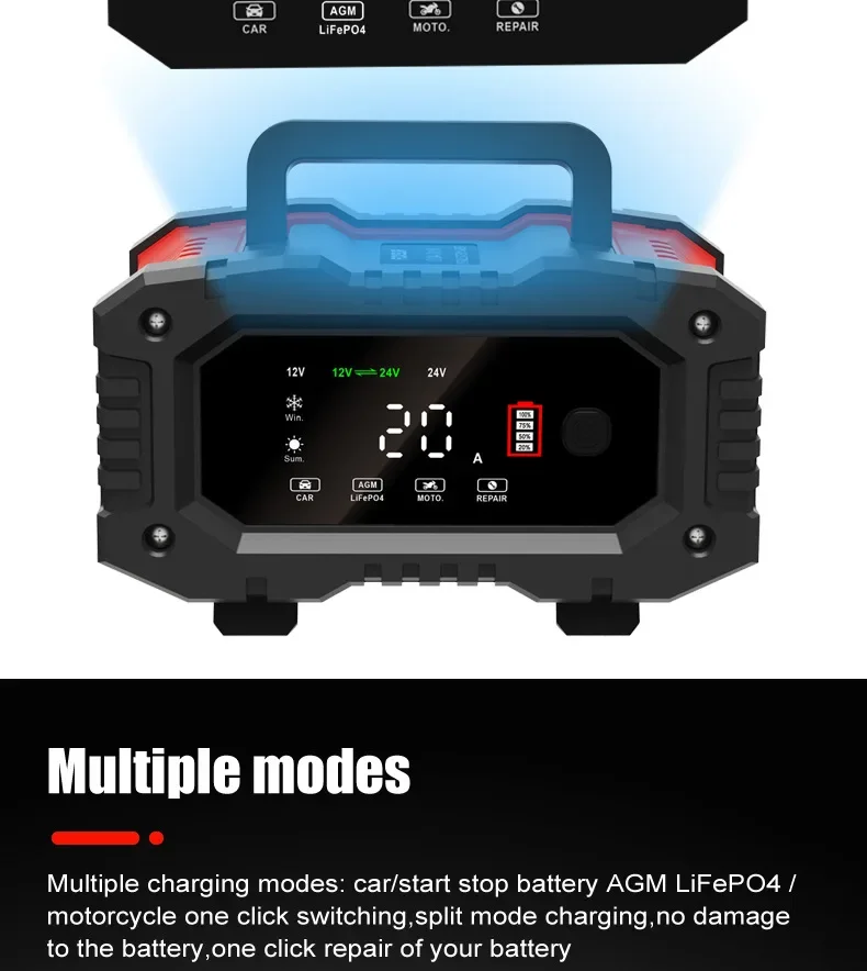 Portable 20A/10A/5A Car Battery Charger 12V 24V Automatic Motorcycle Truck AGM LiFePO4 Lead Acid Start Stop Battery with Repair