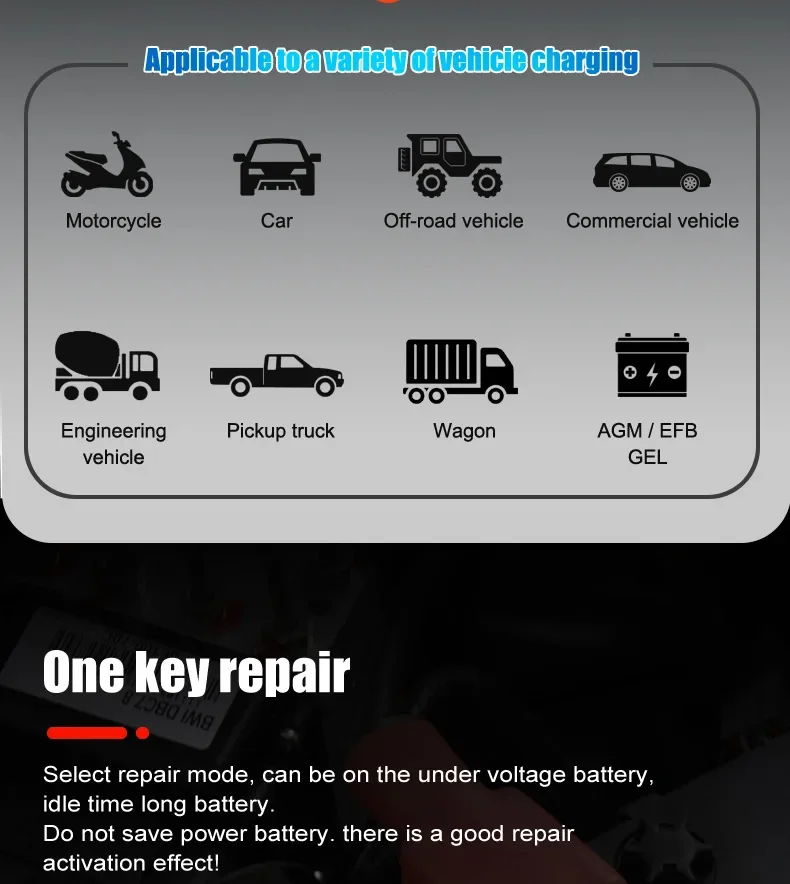 Portable 20A/10A/5A Car Battery Charger 12V 24V Automatic Motorcycle Truck AGM LiFePO4 Lead Acid Start Stop Battery with Repair