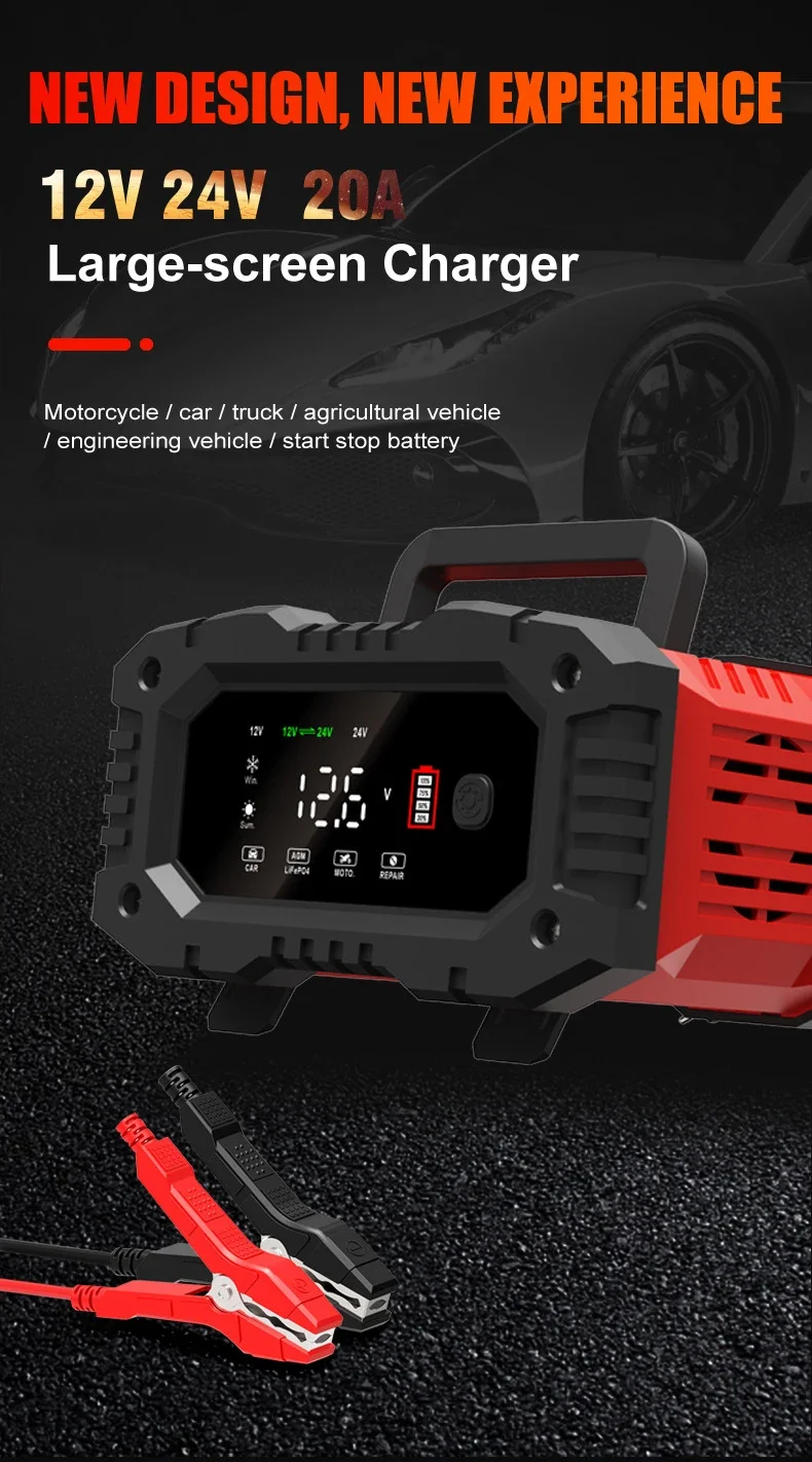 Portable 20A/10A/5A Car Battery Charger 12V 24V Automatic Motorcycle Truck AGM LiFePO4 Lead Acid Start Stop Battery with Repair