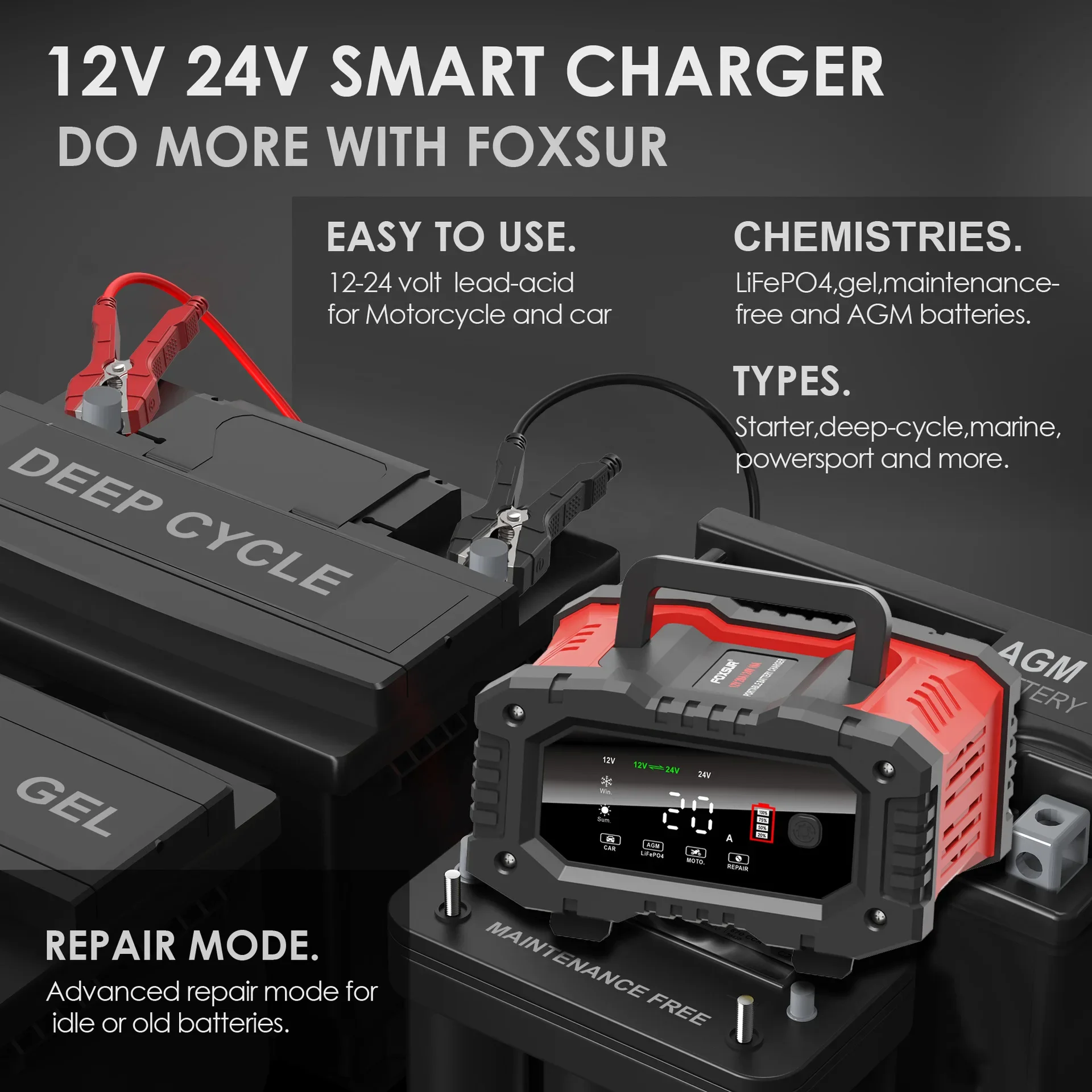 Portable 20A/10A/5A Car Battery Charger 12V 24V Automatic Motorcycle Truck AGM LiFePO4 Lead Acid Start Stop Battery with Repair
