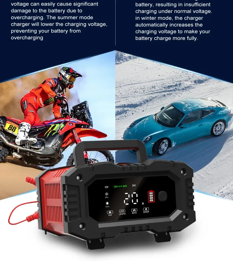 Portable 20A/10A/5A Car Battery Charger 12V 24V Automatic Motorcycle Truck AGM LiFePO4 Lead Acid Start Stop Battery with Repair