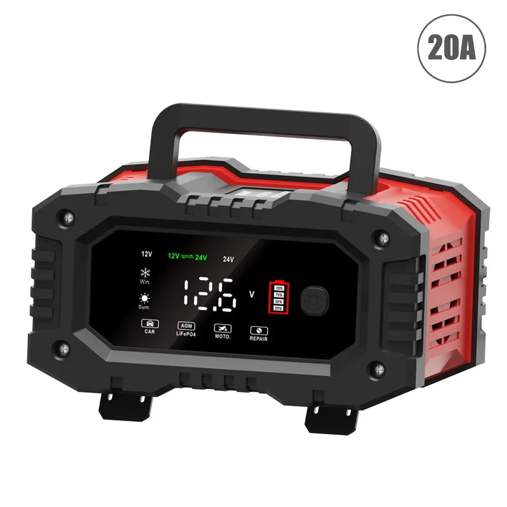 Portable 20A/10A/5A Car Battery Charger 12V 24V Automatic Motorcycle Truck AGM LiFePO4 Lead Acid Start Stop Battery with Repair